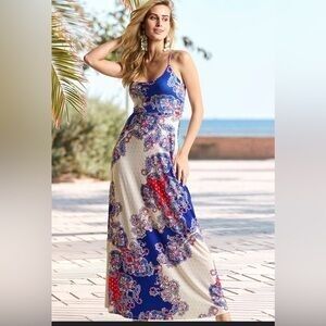 VENUS Floral Maxi Dress in Blue and Red